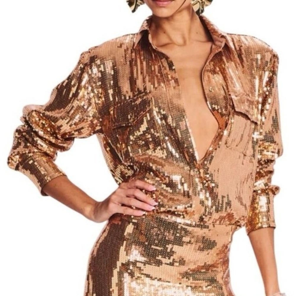 Retrofete Carlotta Sequin Shirt Dress Gold Bronze Party Mini Size M NWT